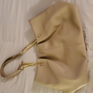 Faux Leather Taupe Gold Chain Handle Handbag